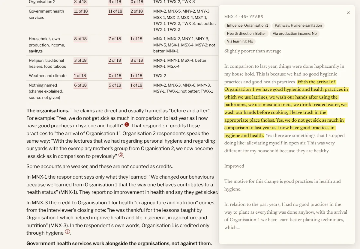 A quotation marker clicked open, showing the quotation highlighted in the surrounding interview text with its codes