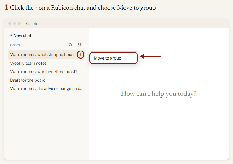 Drawn walkthrough: Move to group from a Rubicon chat's menu; the view menu beside search; Group by, then Custom groups; the Rubicon chats under their group's heading, the others under Ungrouped