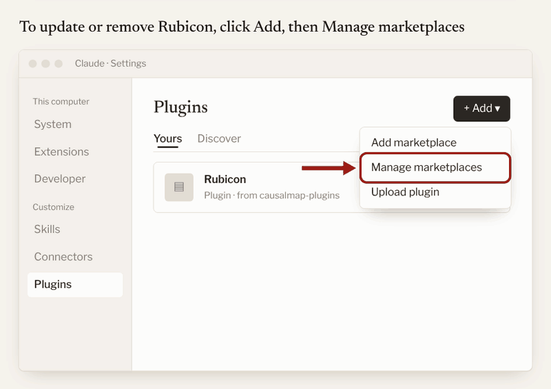 Drawn walkthrough: on the Plugins page, Add, then Manage marketplaces; then Check for updates in the menu beside causalmap-plugins